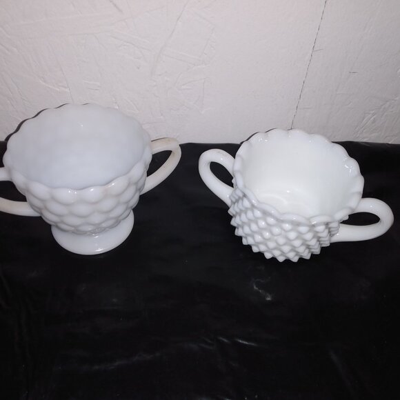 Hobnail Milk Glass Sugar Bowl & Vintage Anchor Hocking Milk Glass Bubble sugar - Picture 2 of 3